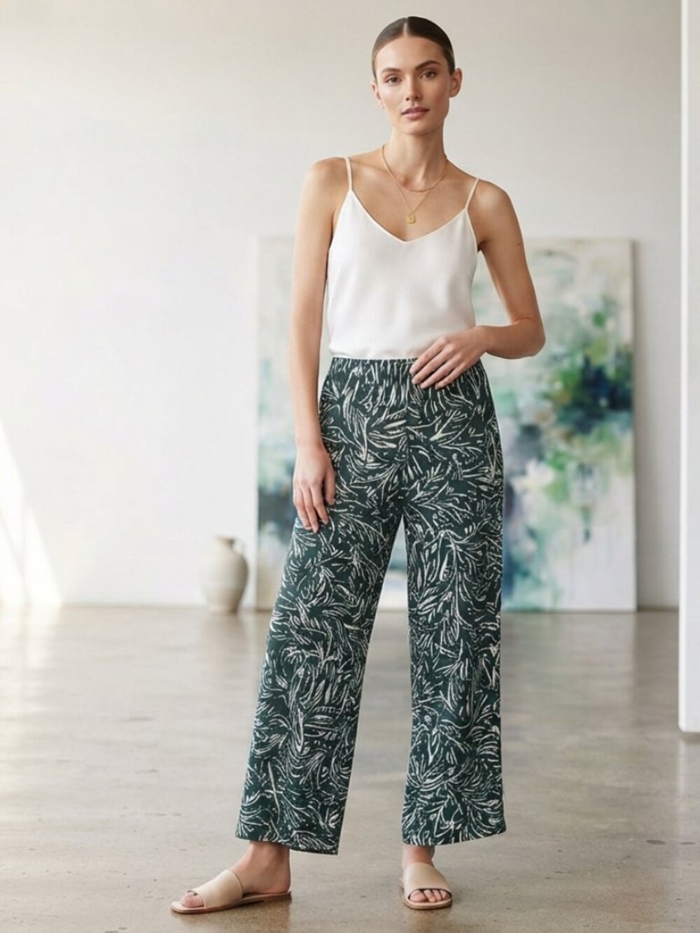 Alfani Green & White Abstract Leaf Print Straight Leg Pull On Pants Size M